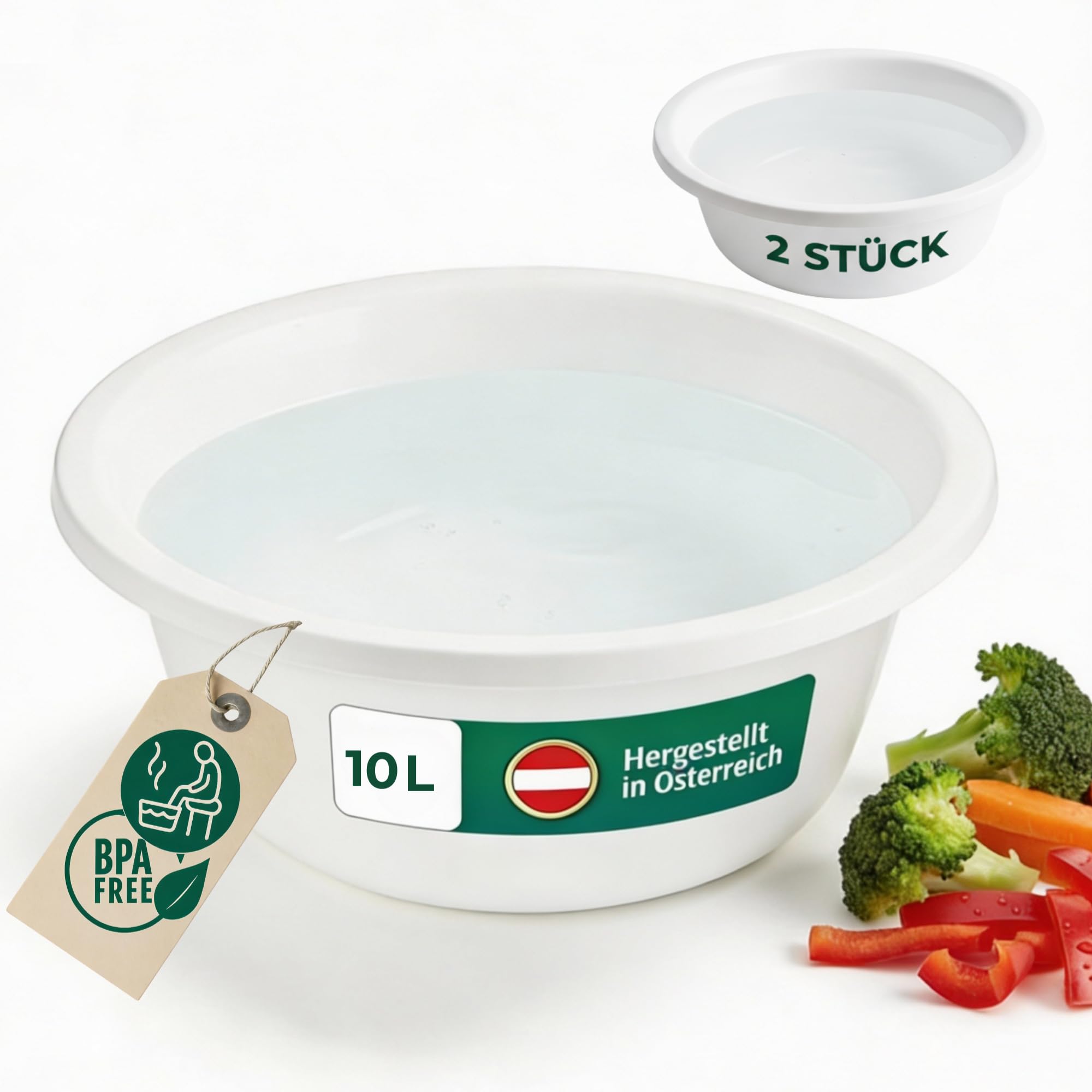 Novaliv Lot de 2 bols à vaisselle ronds 10 l, diamètre 40 cm, blanc, sans BPA, passent au lave-vaisselle, idéaux pour la cuisine et le camping, bols ronds en plastique, bols à pâte