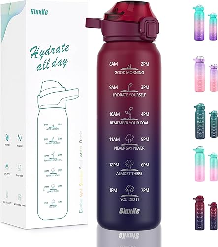 SLUXKE Botella de agua deportiva de acero inoxidable 316 de 32 onzas con marcador de tiempo, botella de agua aislada de 33.8 fl oz de doble pared disponible en Yaxa Colombia