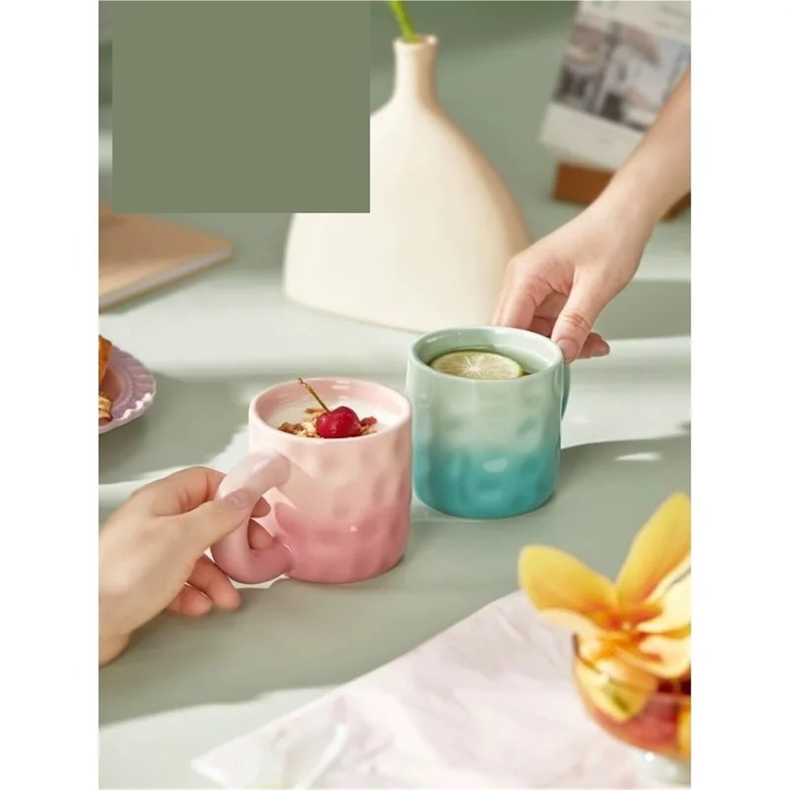1 Set Coppia Tazze Tazza in ceramica domestica d'acqua Ragazza Ufficio da caffè tè per San Valentino, Nozze, Natale(Green Purple)