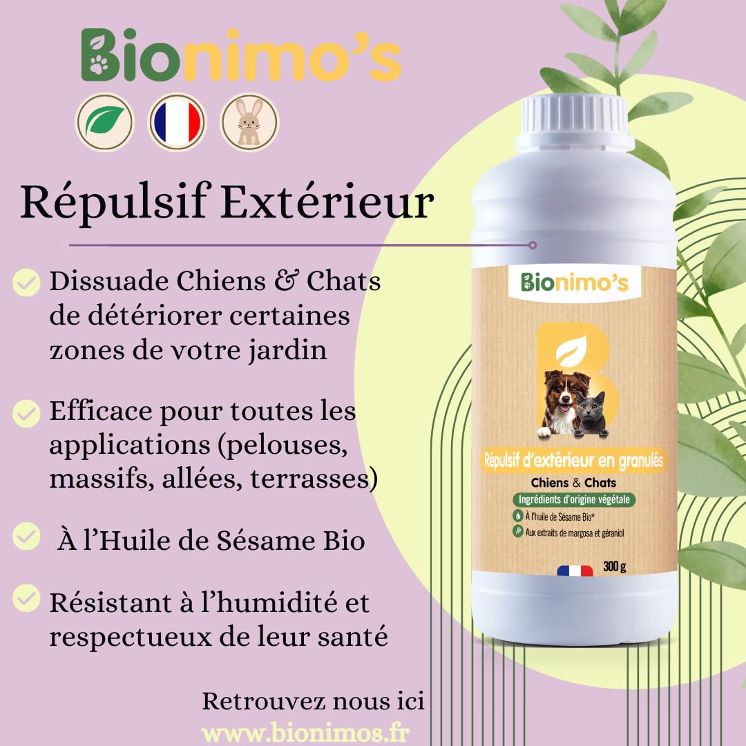Répulsif Extérieur Chiens & Chats, Naturel et Végétal. Gritz de maïs, Huile de Sésame Bio. 100% Français. Protection efficace sur toutes surfaces confondues (pelouses, massifs, allées, terrasses)