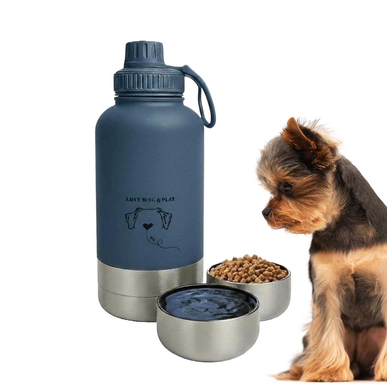 LOVE WAG & PLAY Borraccia per cani da 32 once – Borraccia portatile 2 in 1 per animali domestici, con ciotole integrate, a prova di perdite, senza BPA, per escursioni, passeggiate, uso esterno (blu