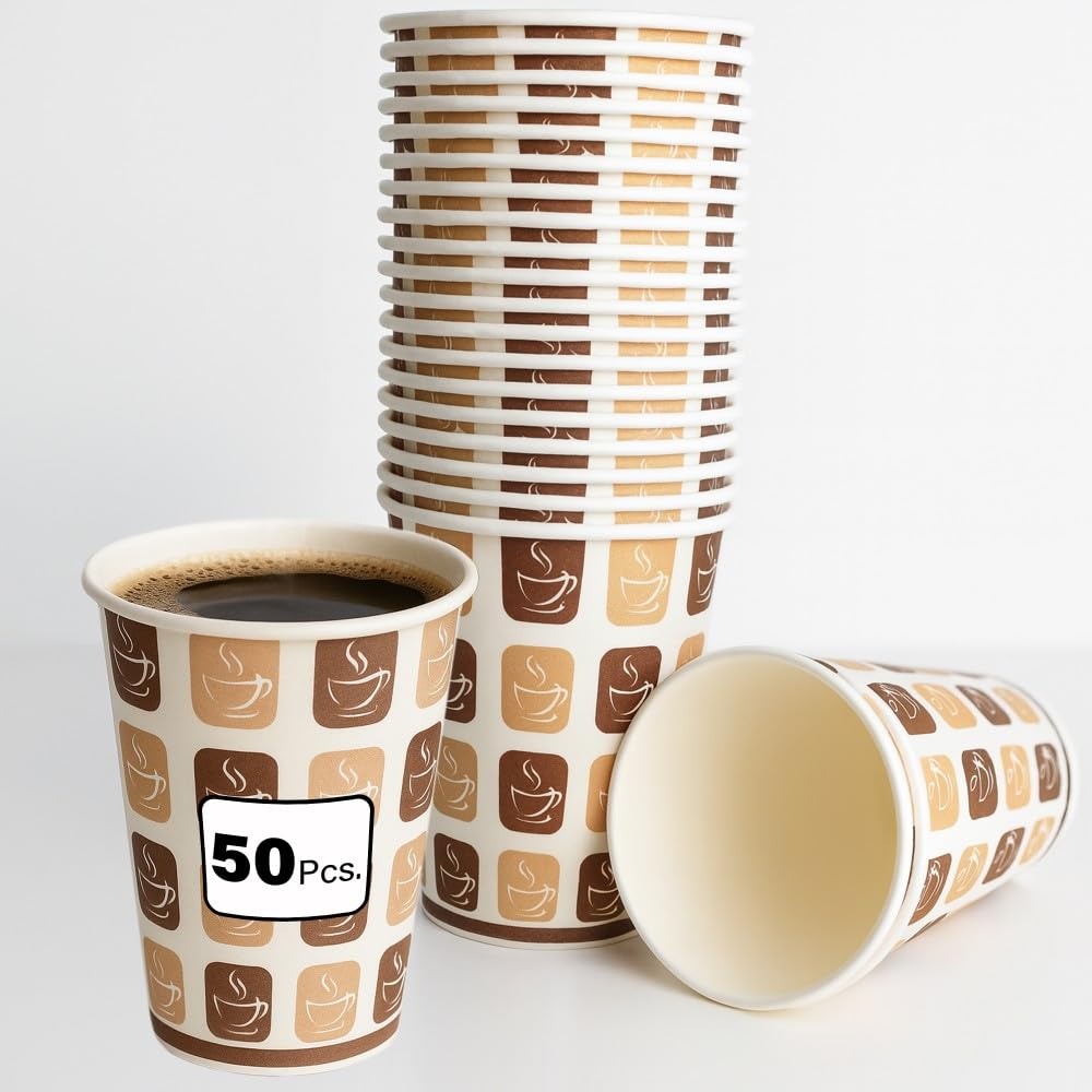 50pc 12oz Hot/Cold Paper Cups Eco Friendly Biodegradable Paper Cups – Responsibly Sourced, Leak Resistant and Durable for Hot and Cold Drinks, Perfect for Coffee, Tea, and Parties