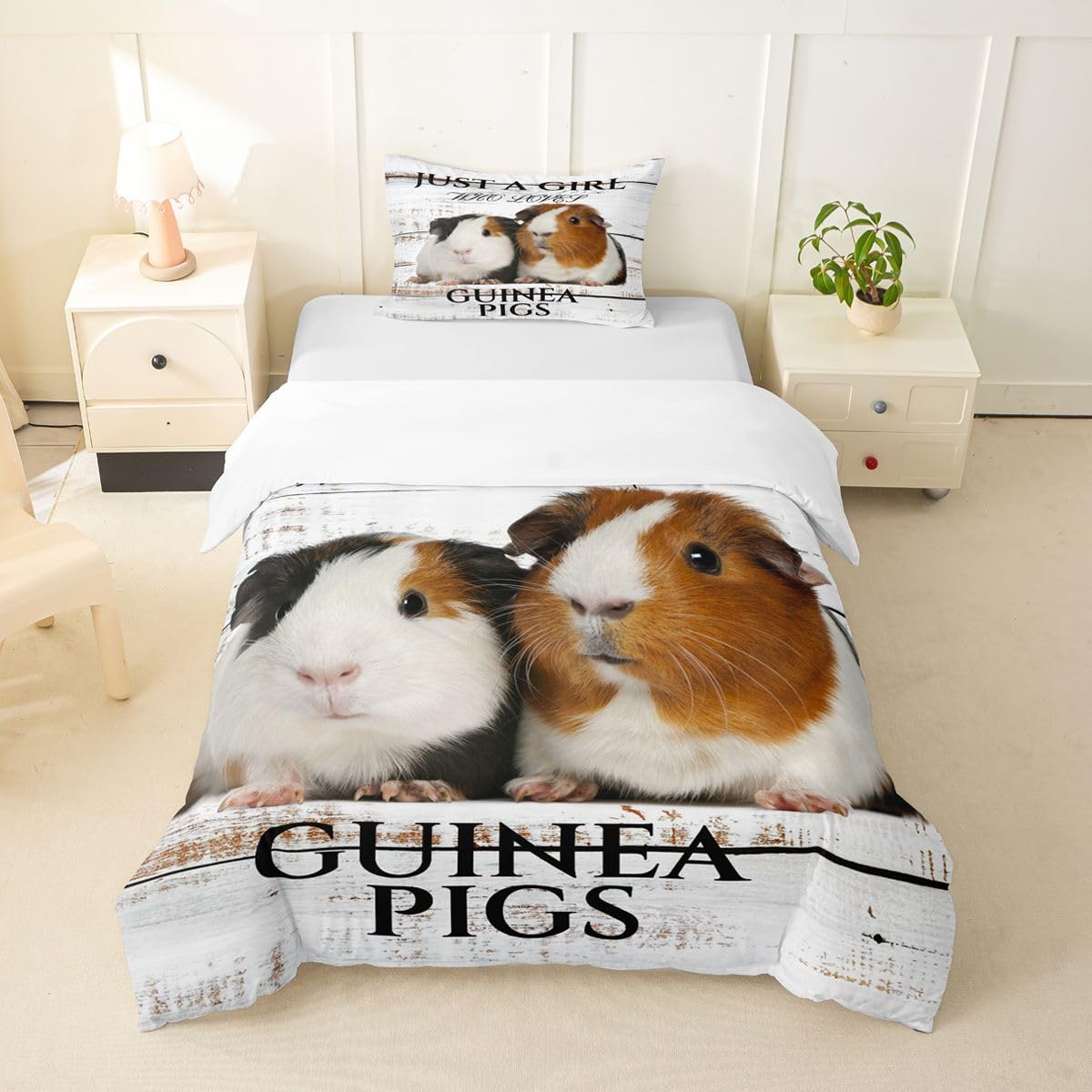 feelingyou Guinea Pigs Bedding Set Single,Kawaii Cute Animal Duvet Cover with 1 Pillow Sham Comforter Cover for Kids Boys,White Wooden Board Quilt Cover Set Decorative 2 Pcs