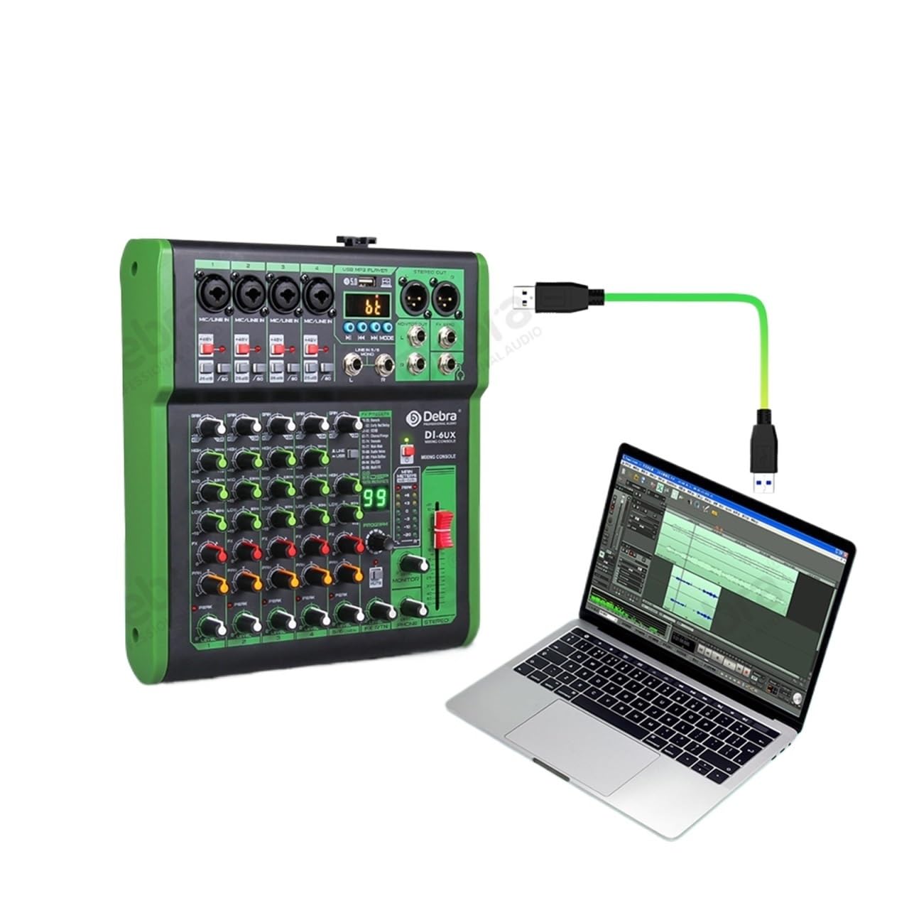 Consola mezcladora DJ con efecto digital 99DSP, alimentación Phantom de 48 V, USB, MP3 for grabación en PC,Portátil(DI-6UX 6 Channels)