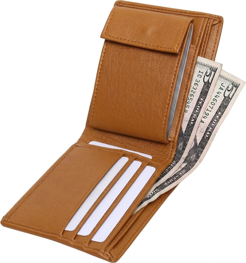 Men’s Genuine Leather Wallet with Coin Pocket | Slim Bifold Wallet with Card Slots & Cash Compartment (Tan)-image-9