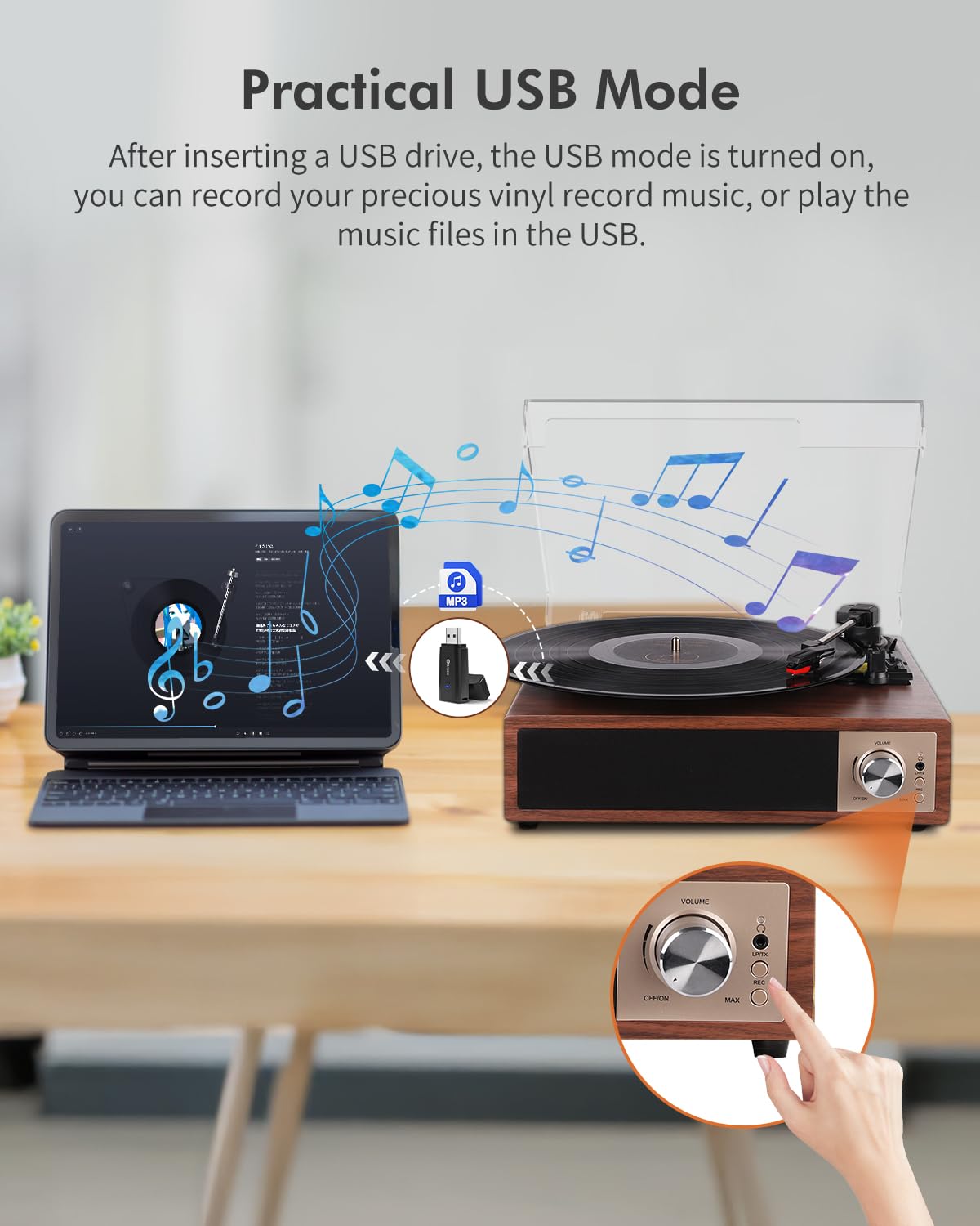 VIFLYKOO Plattenspieler, Schallplattenspieler Bluetooth 5.4 mit 2 Stereo-Lautsprecher, Wireless 3-Gang 33/45/78 u/min, Vinyl Player unterstützt Kopfhöreranschluss/AUX-Eingang/RCA-Ausgang/USB, Mahagoni