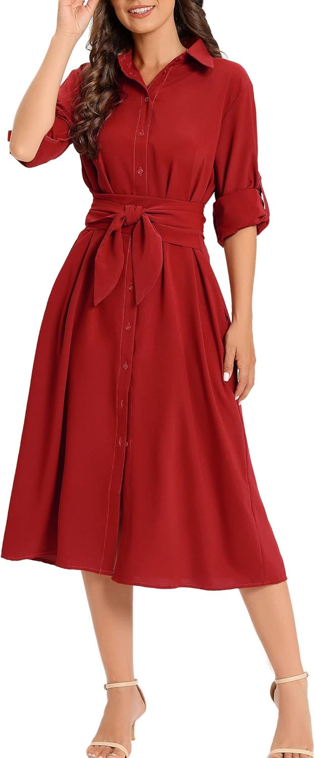 LUSMAY Women's Casual Button Down Belted Shirt Dress Long Sleeve Flowy A Line Dresses with Pockets