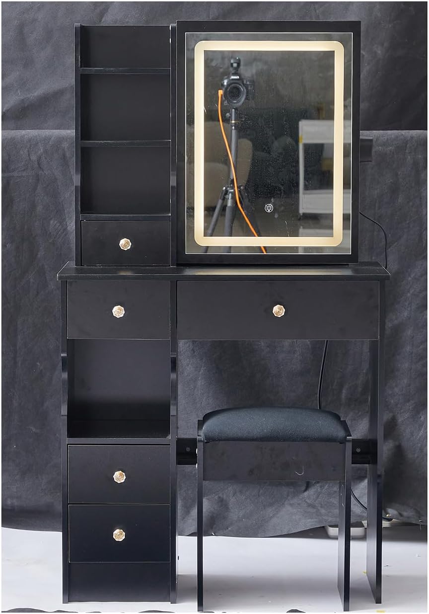 Small Size Left Drawer Desktop Vanity Table + Cushioned Stool, Touch Control Sliding LED Mirror, Tri-Color Switching, Brightness Adjust, Multi Layer, Suitable for Small Space,Black