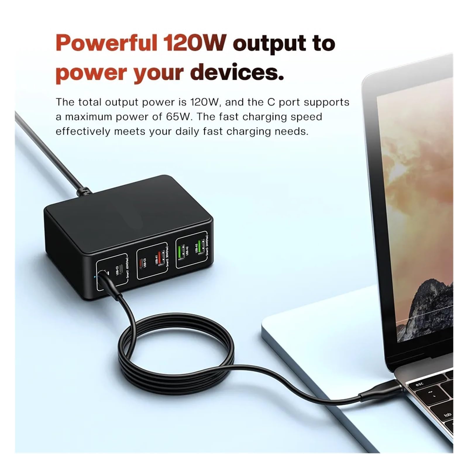 120W GaN Charger 6 Port Desktop Multi USB Charger 100W PD PPS QC4.0 Quick Charger For Laptop Tablet