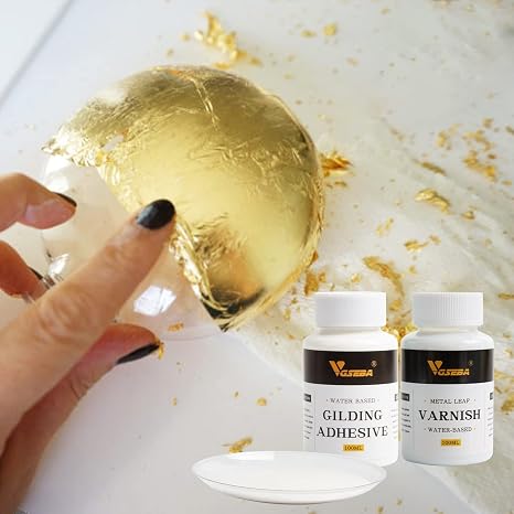 Gold Leaf Adhesive, 6.8oz Gilding Adhesive Set, Metal Leaf Glue and Varnish for Foil Transfer Sheets, Decor Foil, Arts Use (200ml + 2 Brushes + 2 Gloves)
