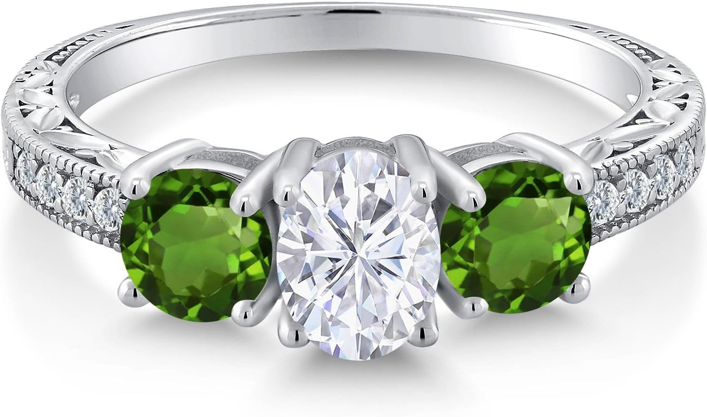Gem Stone King 2.02 Cttw Oval Moissanite and Chrome Diopside 3-Stone Women Ring | 925 Sterling Silver | Gemstone Birthstone | Wedding Engagement Anniversary Promise Ring For Women