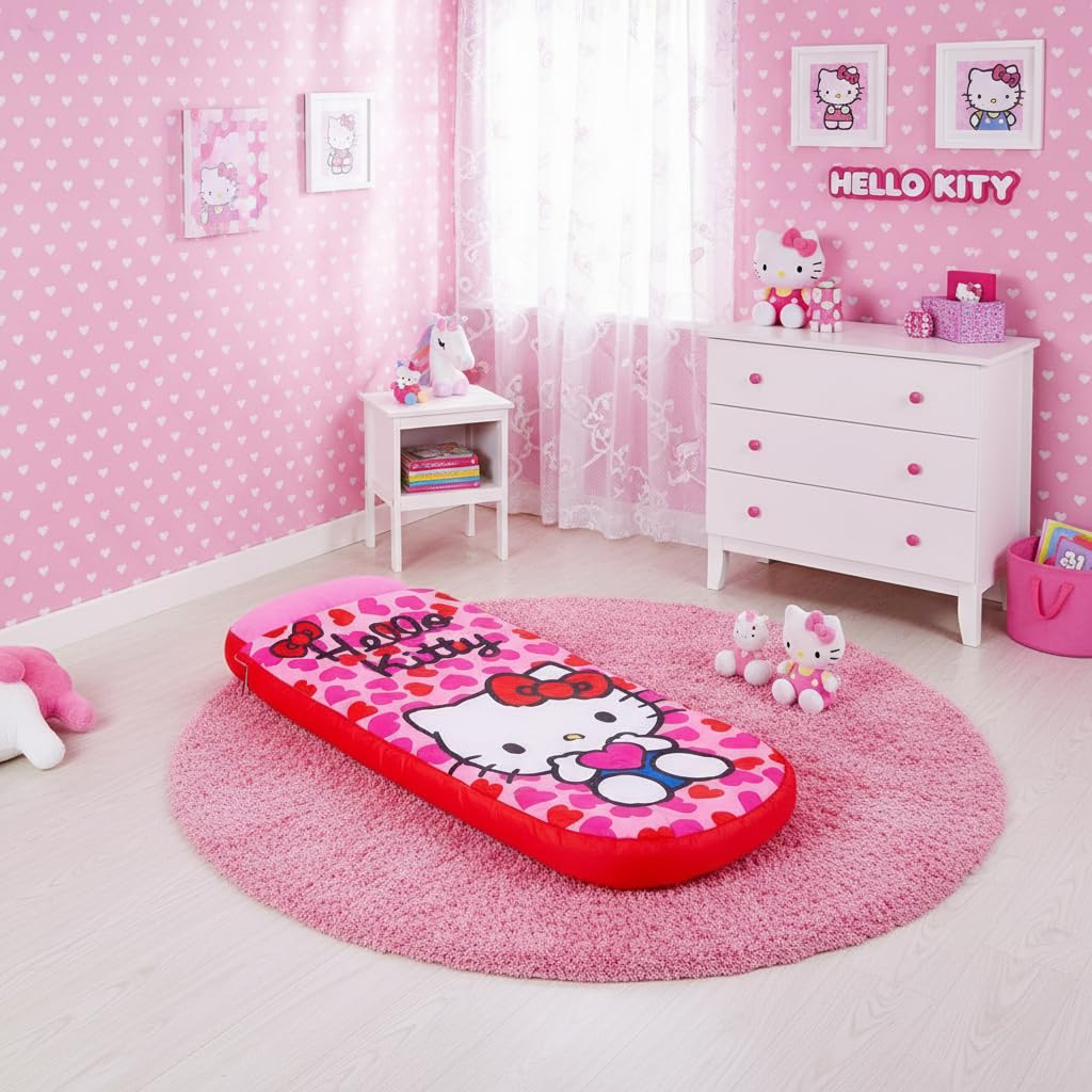 Character World Hello Kitty ReadyBed - Letto gonfiabile per bambini, sacco a pelo con pompa, materasso da viaggio per ragazze, per pigiama party, campeggio o uso domestico