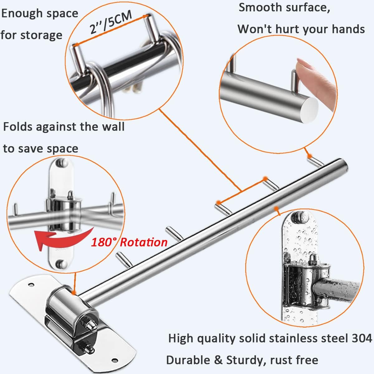 Clothes Hanger Rack Swing Arm, Folding Clothes Hanger Wall Mounted Space Saving Drying Rack, Stainless Steel 304 Laundry Room Valet Hook Holder, Foldable Hanging Hook Rod (Silver)