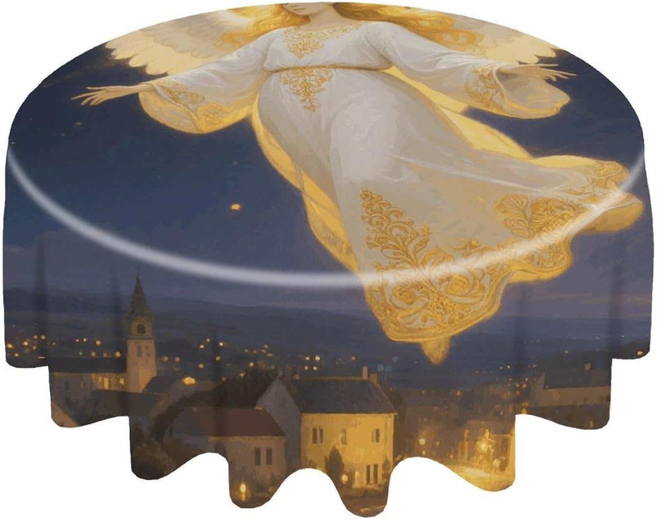 Round Guardian Angel Tablecloth 60 Inch Washable Print Table Cover for Kitchen Dining Table Holiday Circle Decorative Table Cloth for Birthday Party Indoor Outdoor