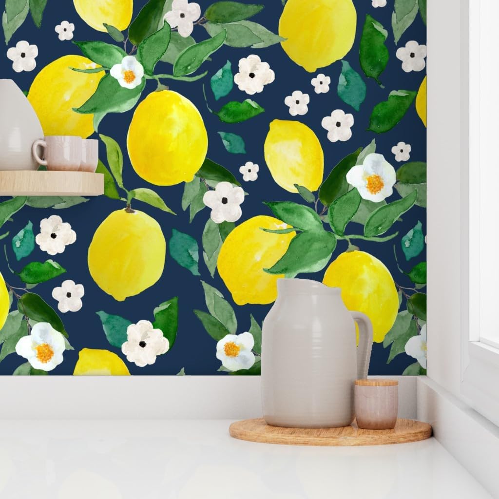 Peel & Stick Wallpaper 3ft x 2ft - Lemon Dark Blue Back Flowers Floral Spring Summer Garden Kitchen Custom Removable Wallpaper by Spoonflower