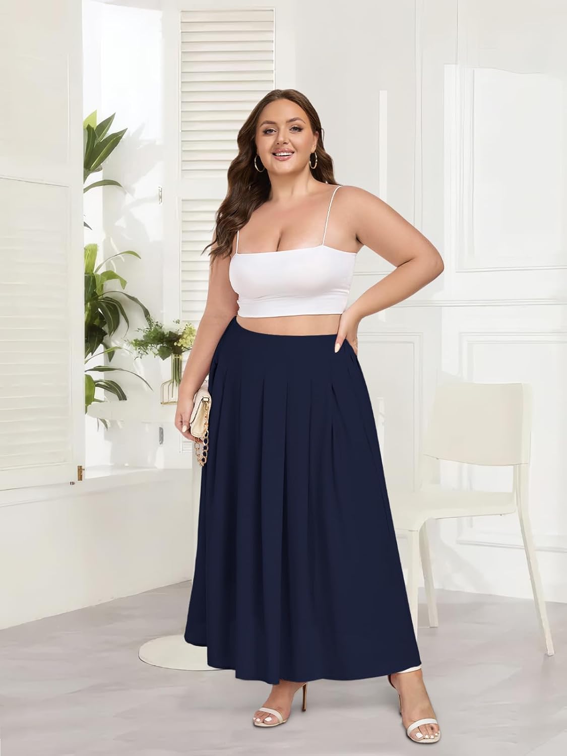 Moon Wood Women's Plus Size High Waist Elastic Long Maxi Skirt Flowy Pleated A-Line Casual Swing Summer Skirt with Pockets - Image 5