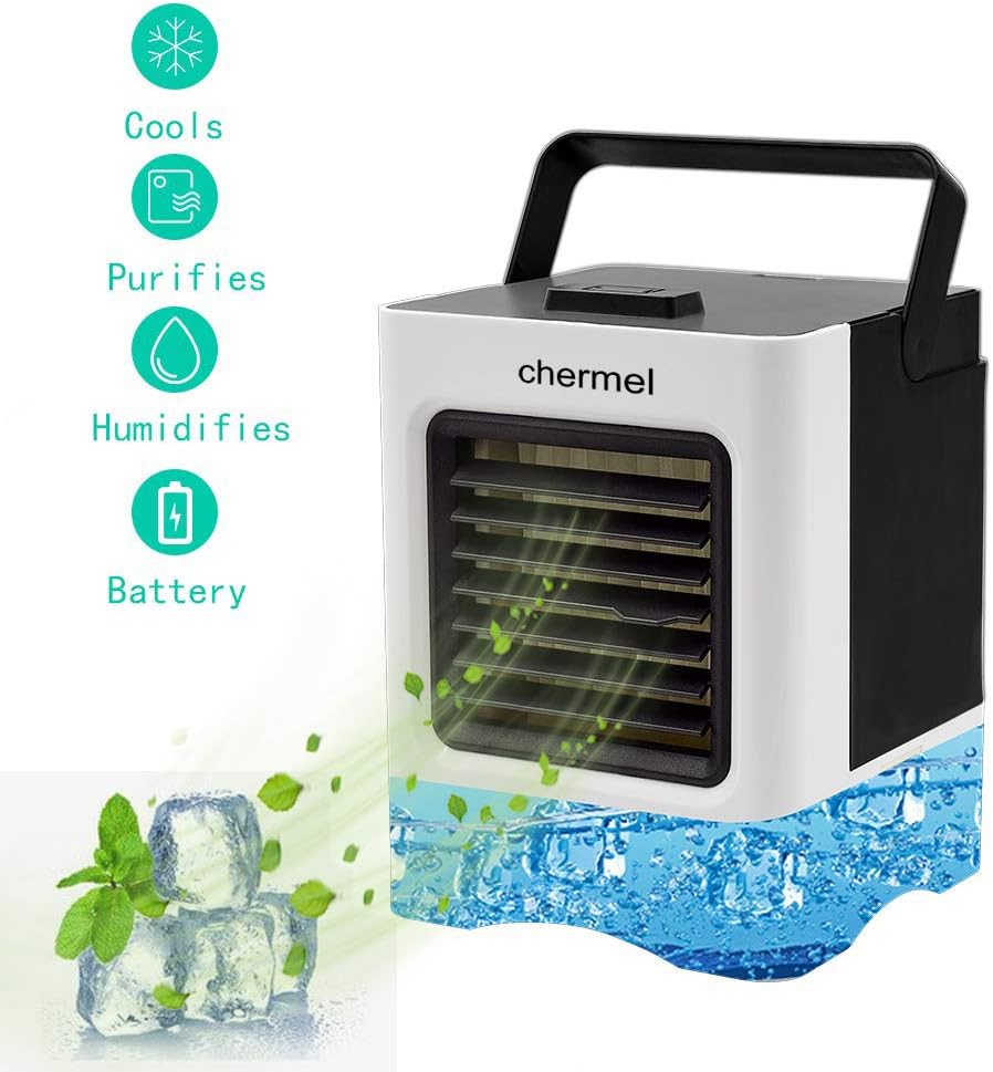 chermel Portable Air Conditioner Fan, Personal Air Cooler, 3 in 1 Mini Evaporative Cooler, Humidifier, Purifier, USB Table Cooling Fan 3 Speeds Ultra-Quiet for Home, Office, Dorm