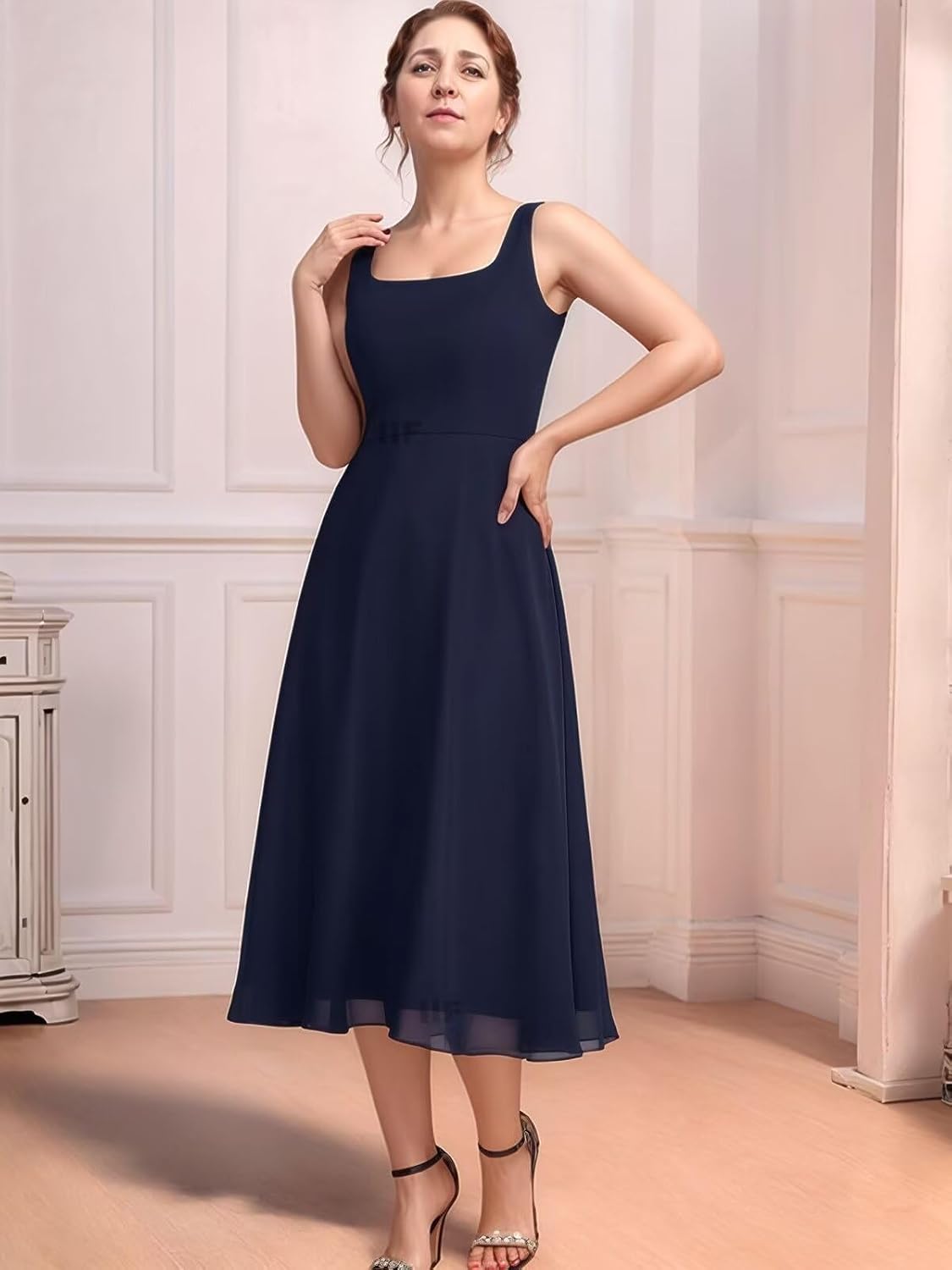 2 Pieces Mother of The Bride Dresses for Wedding Square Neck Chiffon Ruffle Formal Wedding Guest Dresses - Image 4