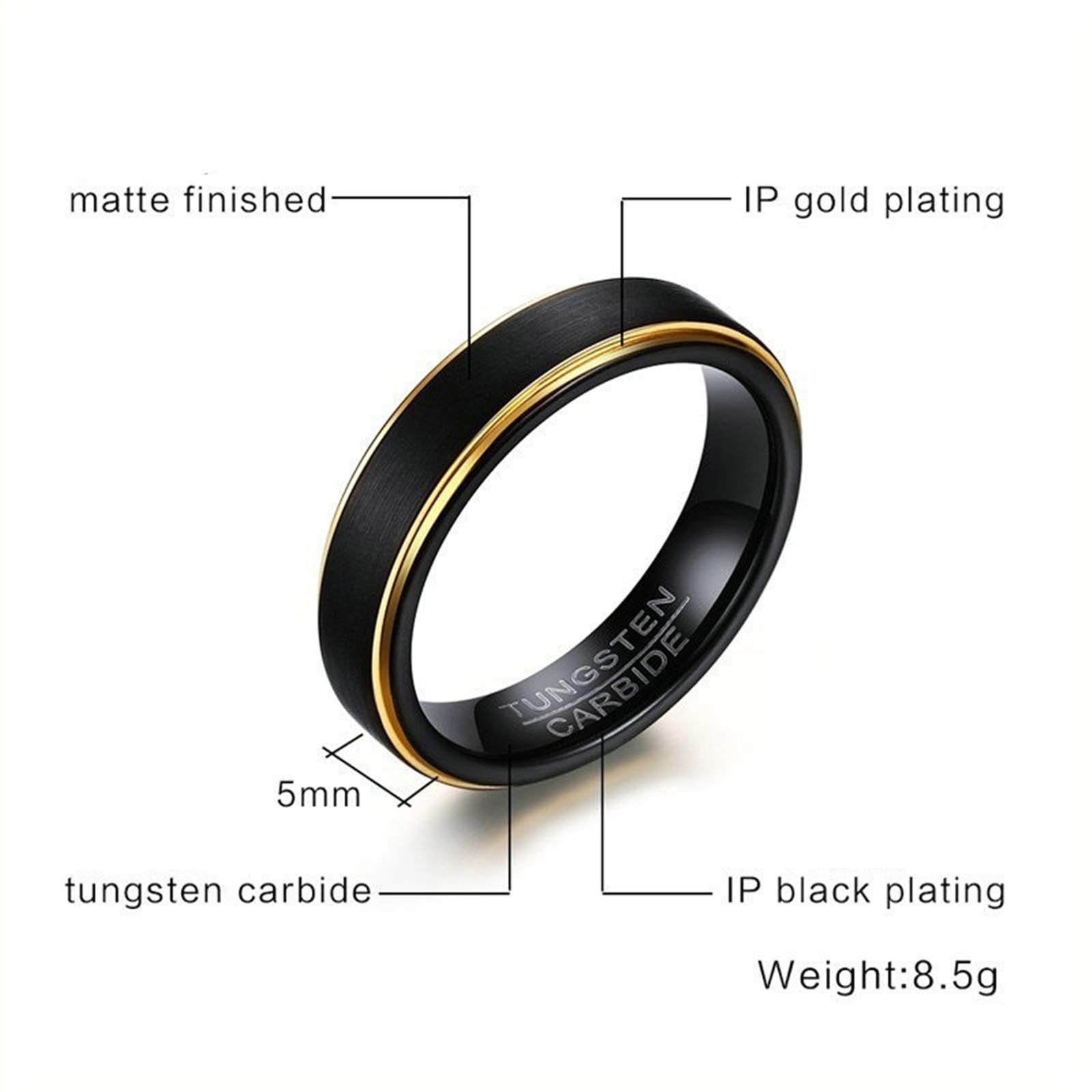 Wycian Männer Ringe, Verlobungsring Paar Wolfram 2 Stück 5 mm Schwarzer Gebürsteter Ring mit Goldrand Bandring Größe Damen 52 (16.6) Herren 54 (17.2)