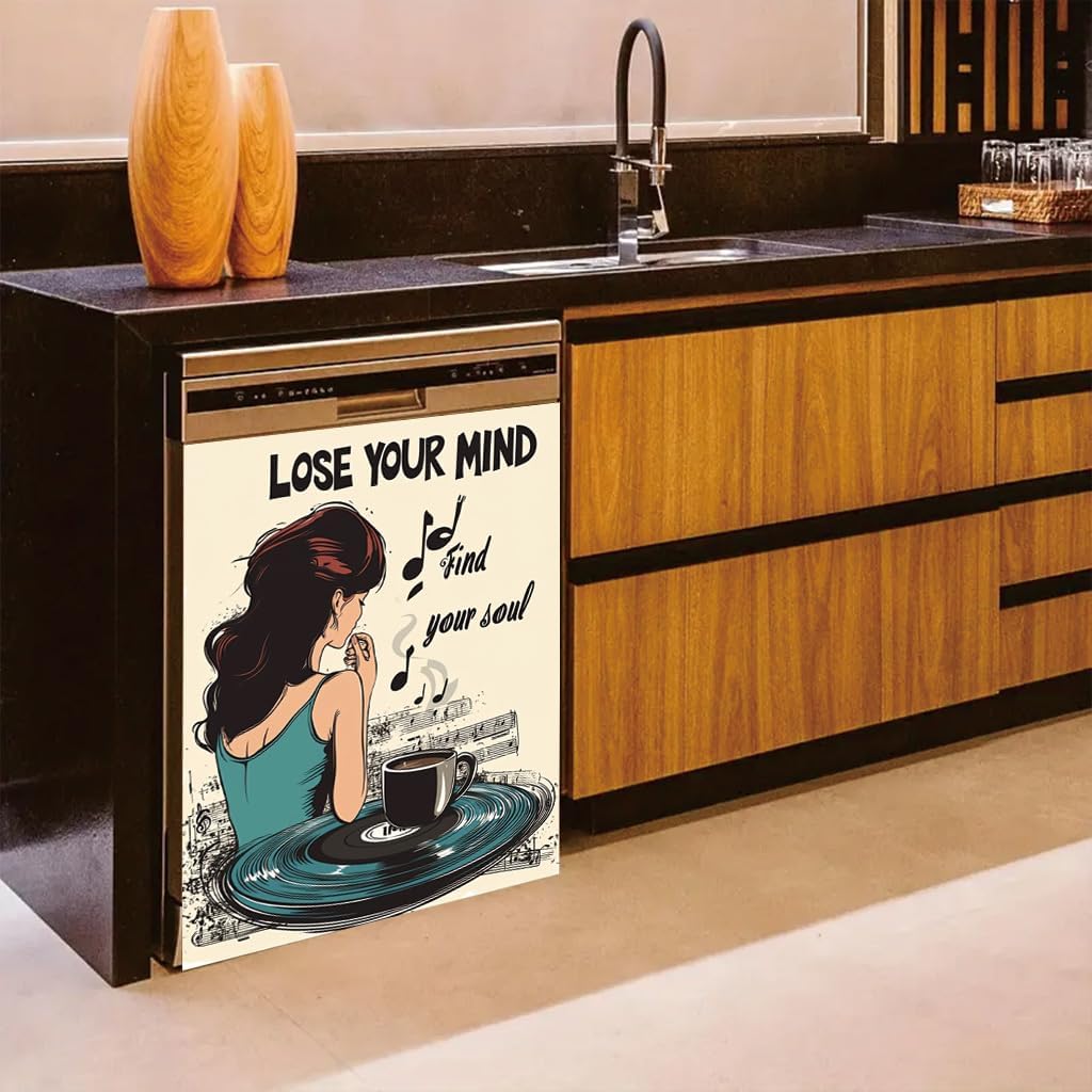 2D Flat Retro Music Coffee Art Dishwasher Cover 23x26 Inch Panel Decal Fridge Washer Refrigerator Door Cover Kitchen Appliance Decorative Vintage Musical Home Decor image 5