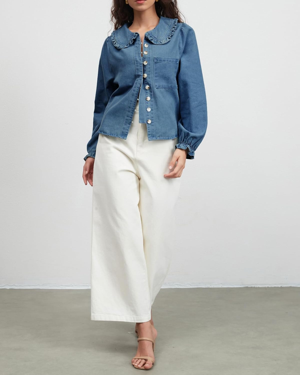 Womens Puff Long Sleeve Denim Shirts Peter Pan Collar Button Down Jean Blouse Casual Denim Tops with Pocket - Image 6