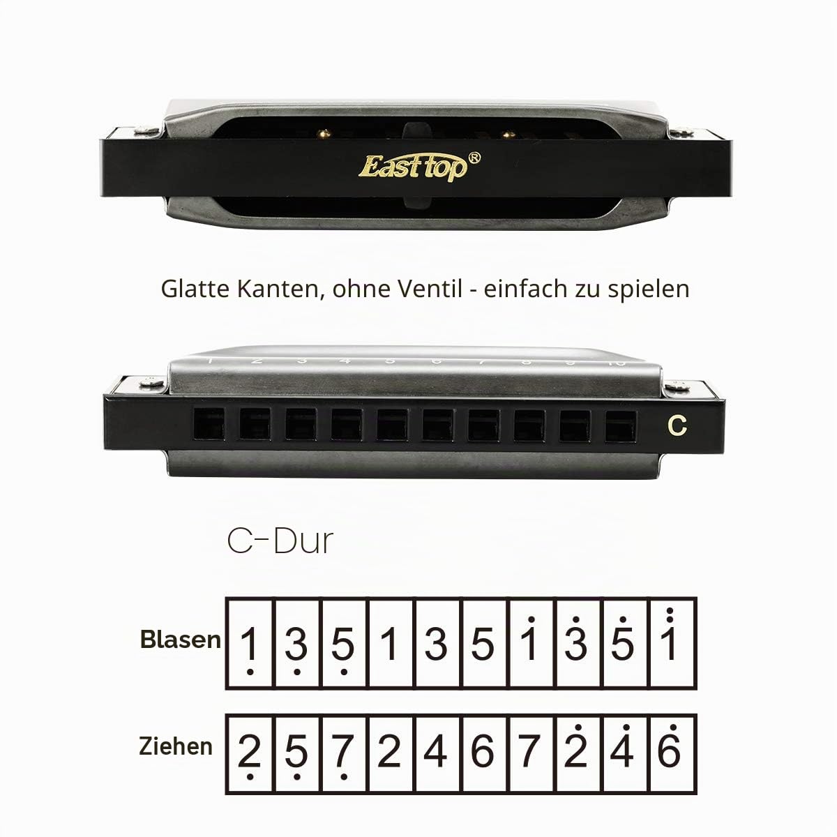 East top Mundharmonika C, Diatonische Mundharmonika Blau 10 Holes Professionelles Diatonic Blues Harmonica Für professionelle Spieler, Anfänger, Studenten, Erwachsene als Geschenk