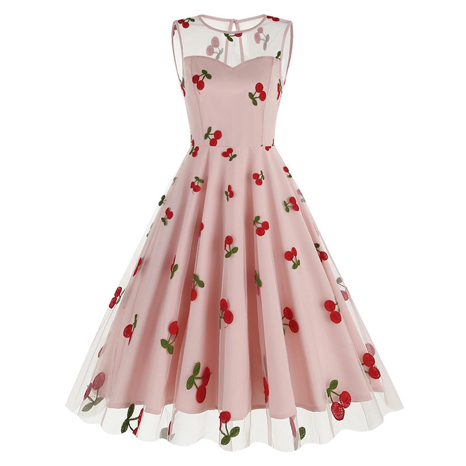 Robe rétro européenne et américaine à col Rond sans Manches pour la Saint-Valentin en Maille brodée de Cerises-Noir Cerise-M