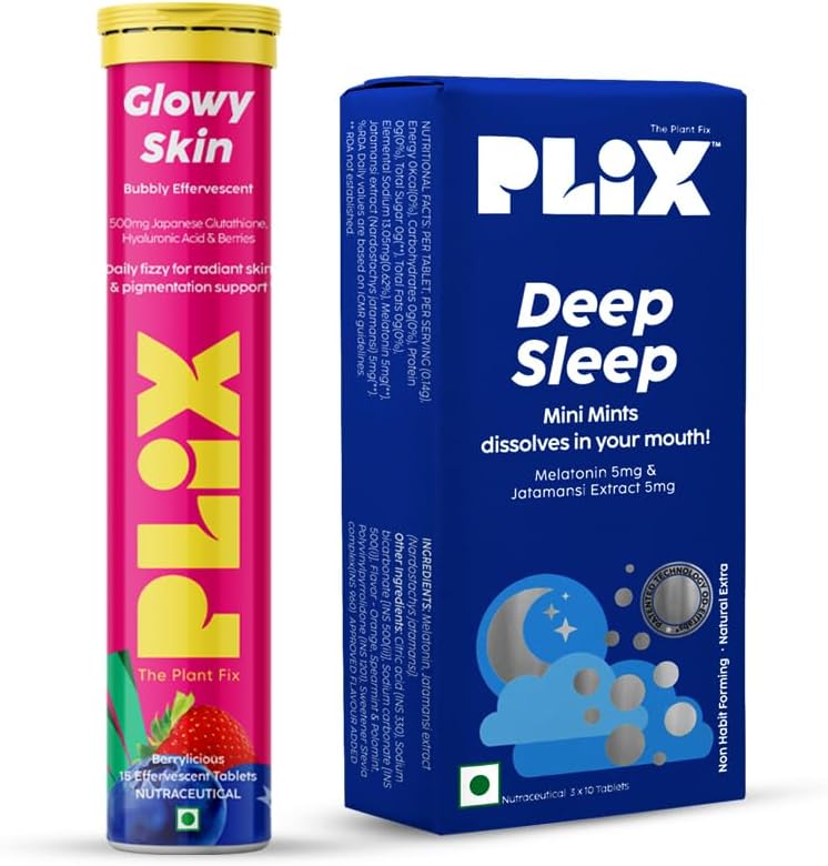 The Plant Fix Plix Beauty Sleep ComboDeep Sleep 30 Mini Mints with Melatonin for a Restful Sleep & Skin Glow Glutathione 15 Effervescent Tablets for Youthful & Glowy Skin,2 count,15 capsules
