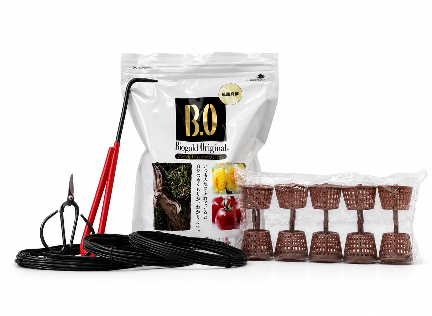 Bonsai Pflege Komplettset – Biogold Original Dünger 900g aus Japan + 10 Düngekörbe + Bonsaischere + Draht 2,0/2,5/3,0 mm + Haken | Bonsai Werkzeug Set
