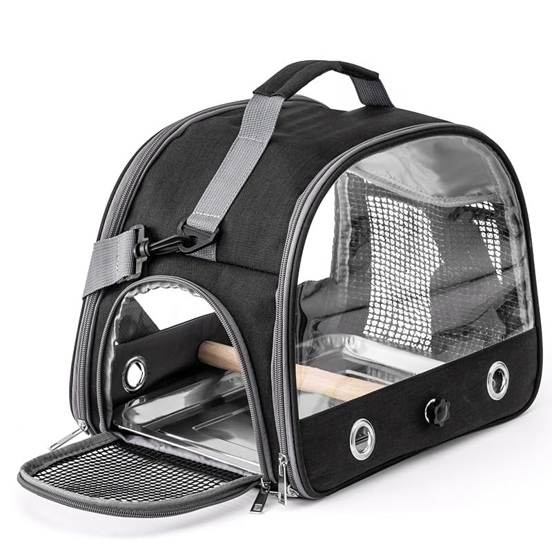 Bird Travel Carrier Cage for Large Size Parrot, Portable Bag with Metal Tray and Grid to Carry and Transport Birds Like African Grey, Long Tail Cockatiel and Parrot (Black)