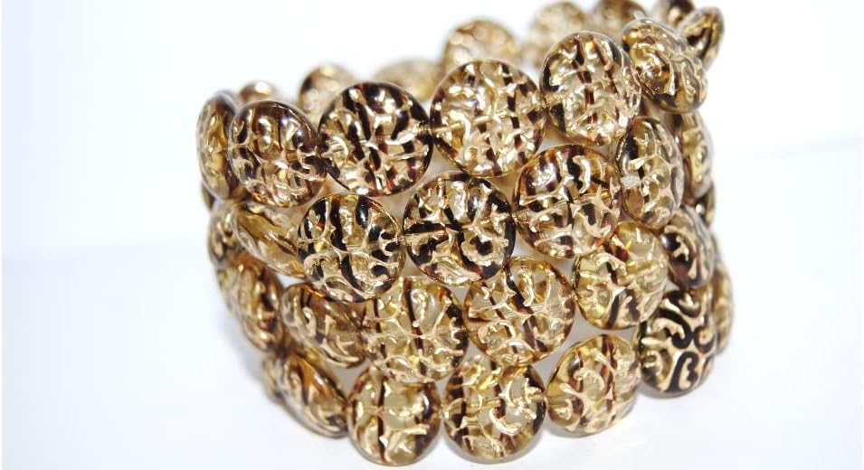60 pcs Lentil Round with Ornament Brain Pressed Glass Beads, (18016 54202), Glass, Czech Republic, Size 13 mm (0.51 in)
