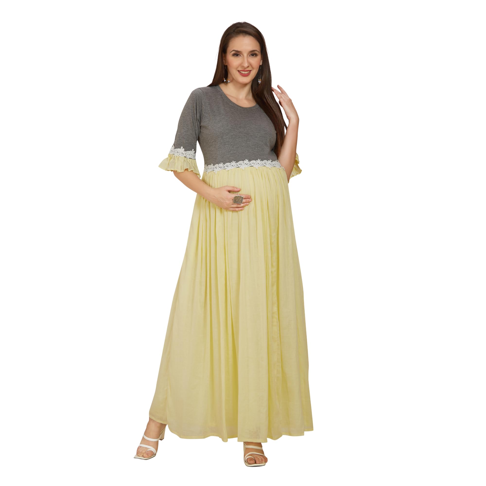 Yellow Cotton Malmal Maternity Dress-picture-14