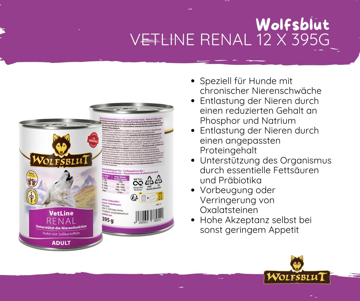 Wolfsblut Vetline Hundefutter - RENAL, 12x395g - Sparbundel, Sparpaket - inklusive Warnicks Tierfutterservice Hundesnack Goodie