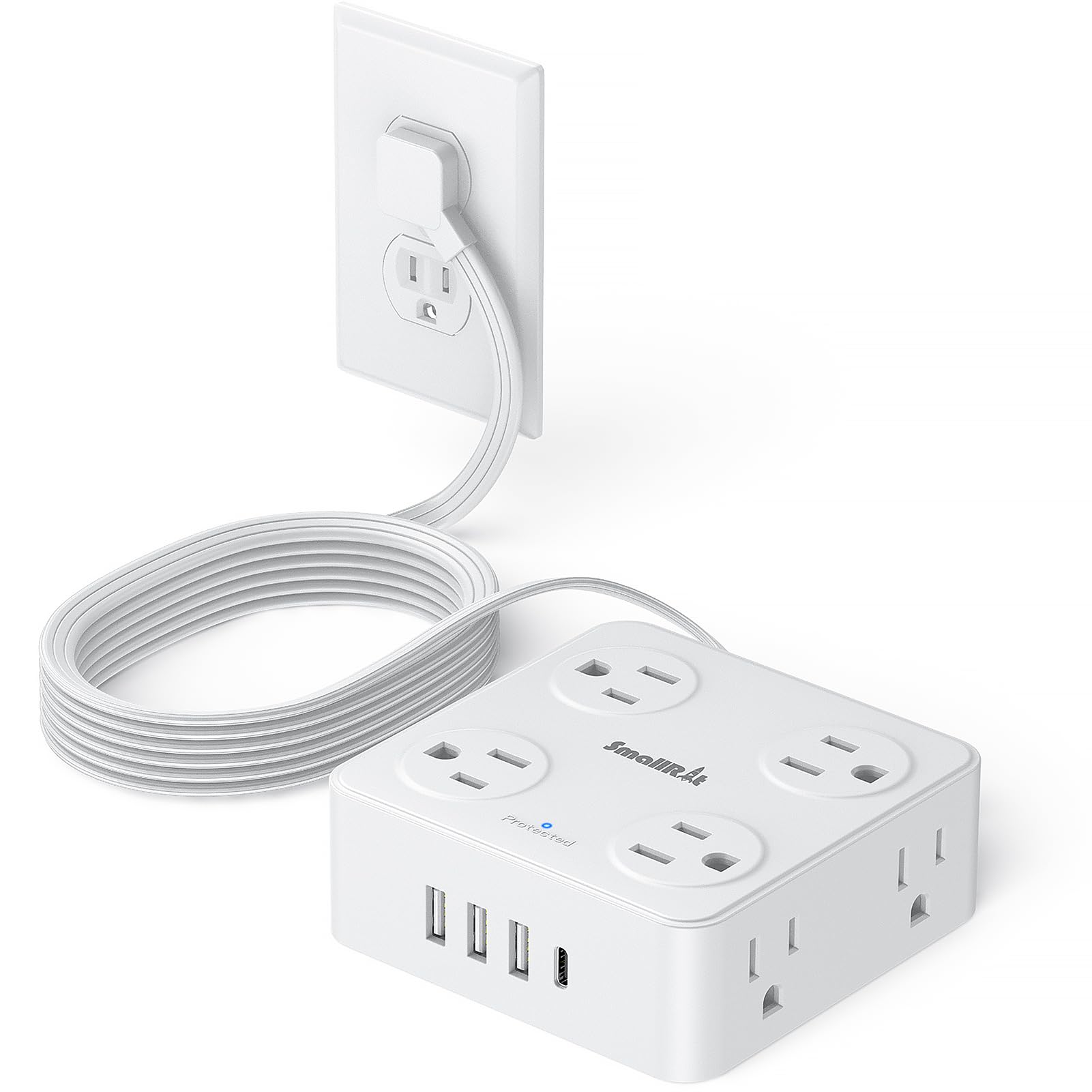 SMALLRT Bloc d'alimentation avec parasurtenseur 4 prises, 3 ports USB, prise plate pour bureau à domicile, blanc, 1,8 m