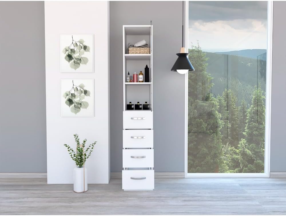 Tuhome Vanguard Linen Cabinet with Three Open Shelves, Four Spacious Drawers, Glass-Door Enclosed Storage, Modern Bathroom Organizer for Towels, Toiletries, Linens, and Everyday Essentials