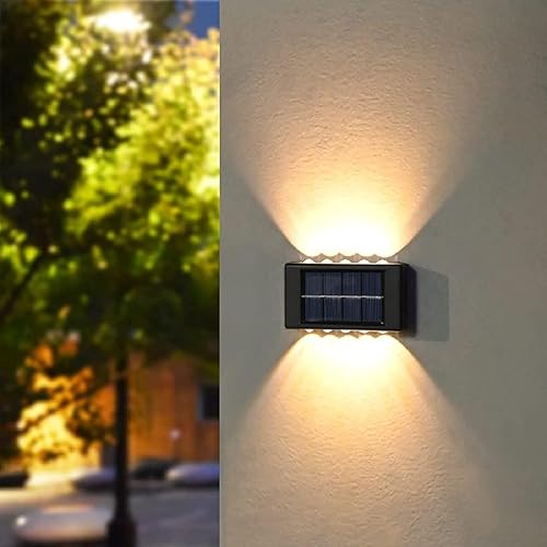 Miniatura 2 de ASLIDECOR 10 luces LED solares de pared hacia arriba, paquete de 4 lámparas iluminadas con sensor de luz solar al aire libre, IP65, impermeable,