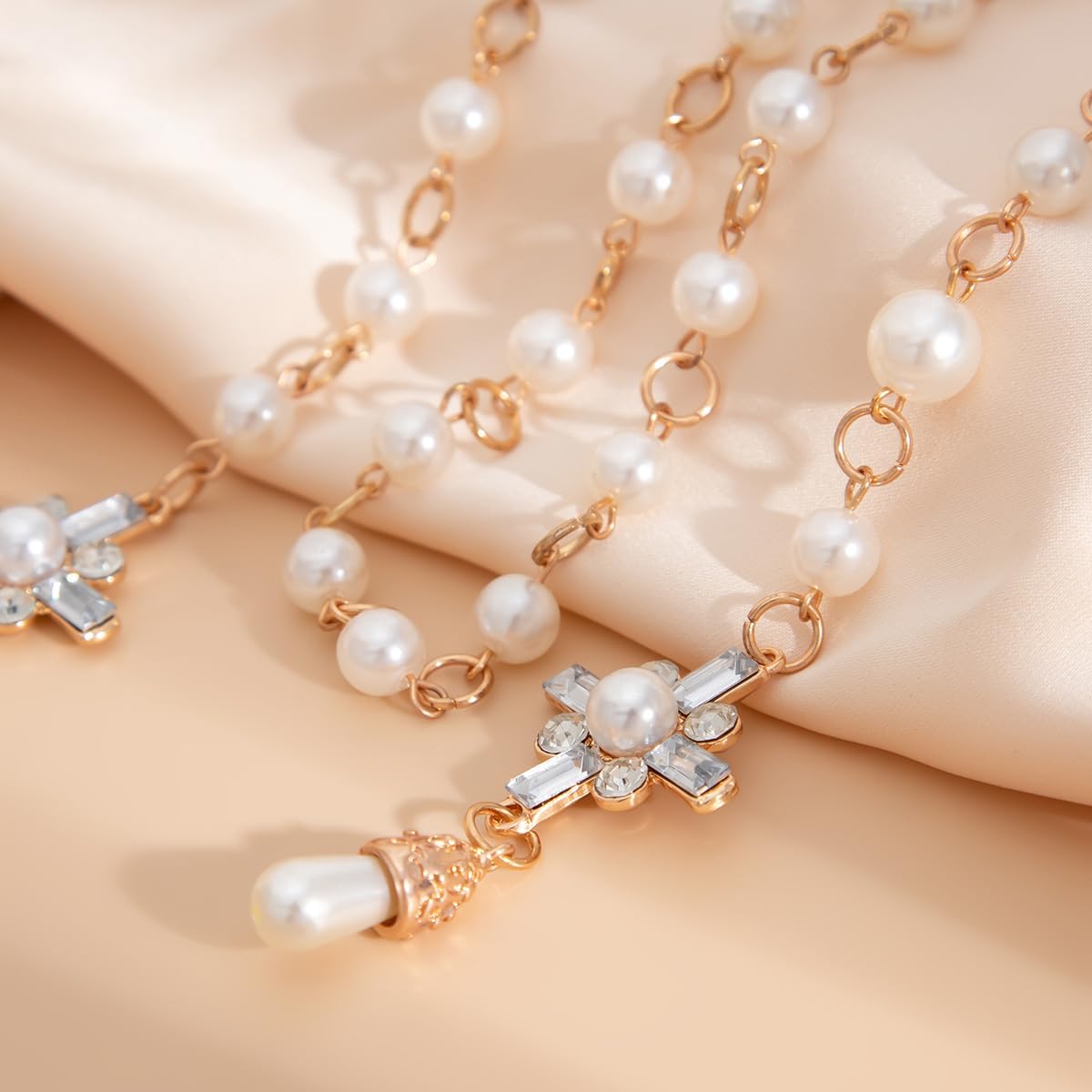 Pearl Cross Rosary Necklace Gold Plated Rosary with Pearls Waterproof Jewelry Big Cross Chain Link Choker Charm Necklace for Daily Wear - Image 6