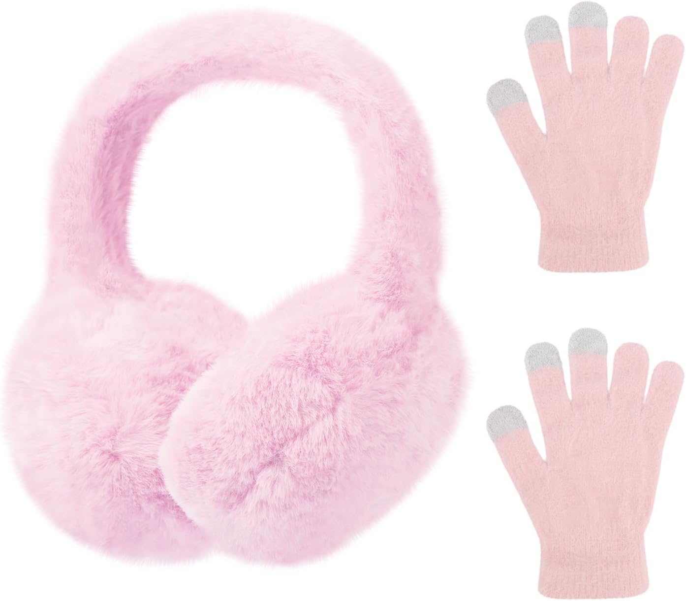 LUCKYBUNNY Girls Winter Earmuffs Gloves Set Kids Foldable Ear Covers Warm Plush Ear Muffs Knit Gloves, Ages 7-12