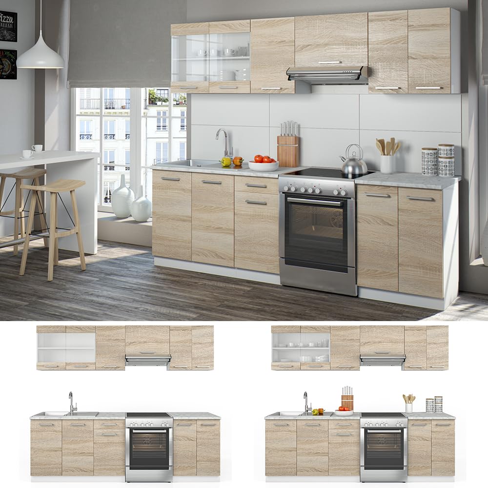 Vicco Mobile da cucina Raul, Sonoma/Bianco, 240 cm, PL Marmo, combinabile in modo flessibile con elementi modulari