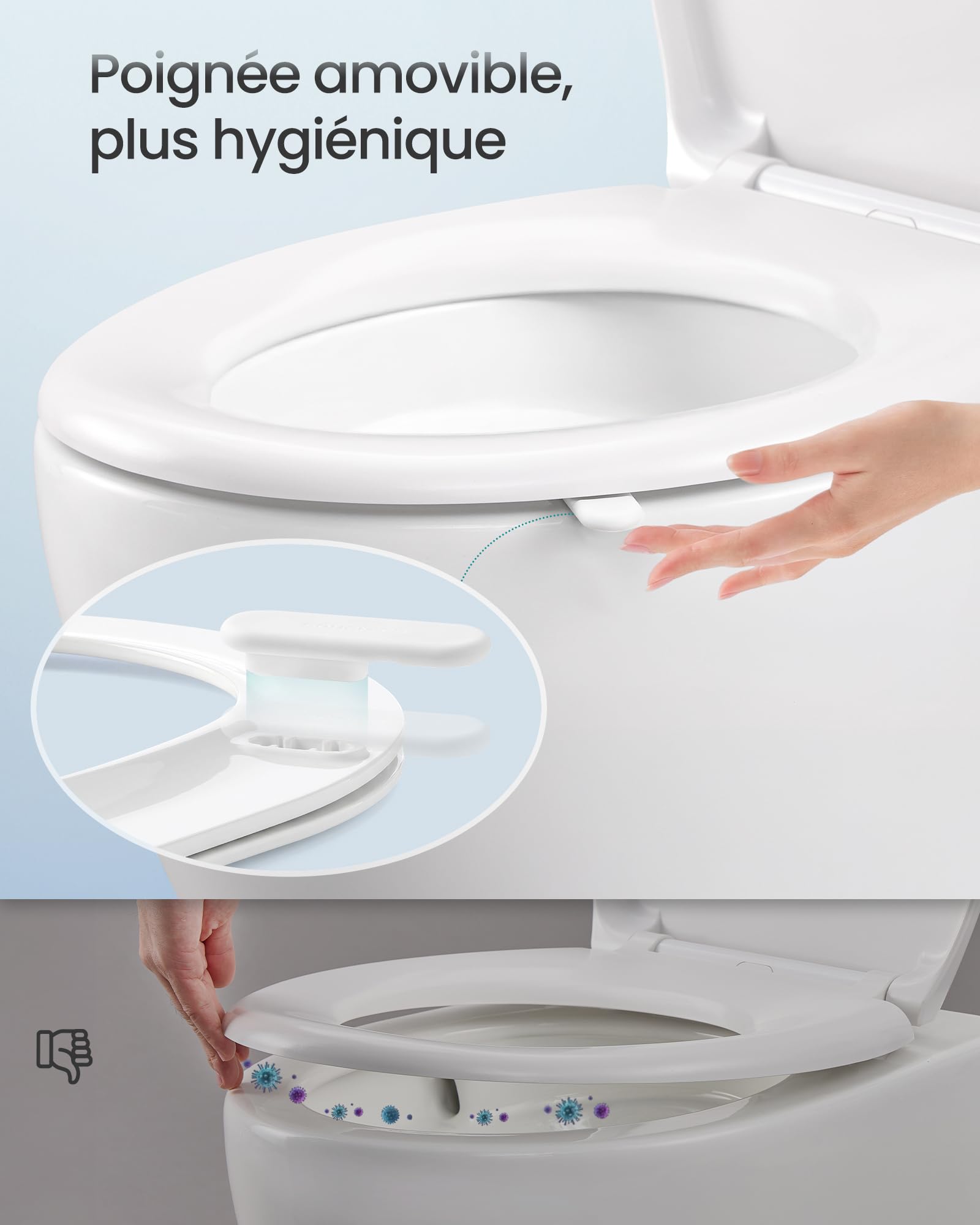 SONGMICS BTL101WZ01 O-Shaped Toilet Seat with Urea-Duroplast Seat, Handle, Clipsable, Universal Toilet Seat, Easy Installation, Capacity 300 kg, White - 4