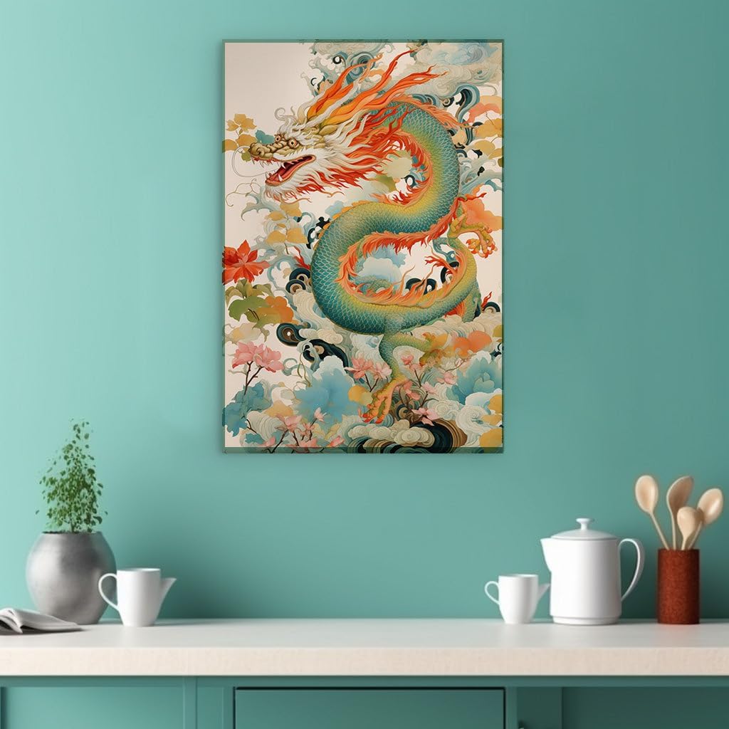 Canvas for Living room. Soaring Majesty: A Green Dragon's Flight Through the Floral Skies, 27 x 18 inch Canvas Wall Art - Ready to Hang - 69x46 cm (27x18 inch)