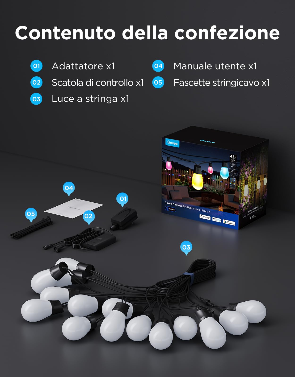 Govee Catena Luminosa Esterno, 15M Lampadine LED RGBIC Bianco Caldo, Controllo APP WiFi con Alexa Luci da Esterno, IP66 Impermeabile, 111 Modalità di Scena, Adatto per Giardino, Balcone, Gazebo