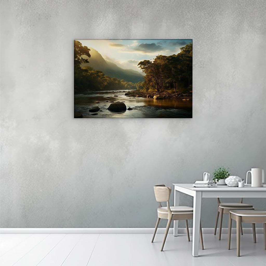 Canvas for Living room. Serene River Escape Amidst the Forest's Embrace, 27 x 18 inch Canvas Wall Art - Contemporary Masterpieces - Modern Home Decor