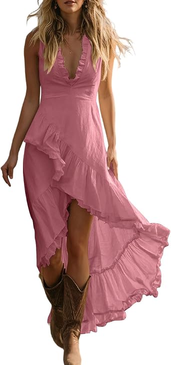 YMADREIG Womens Boho Western Maxi Dress Sleeveless Deep V Neck Ruffle High Low Hem Wedding Guest Cowgirl Beach Summer Dress