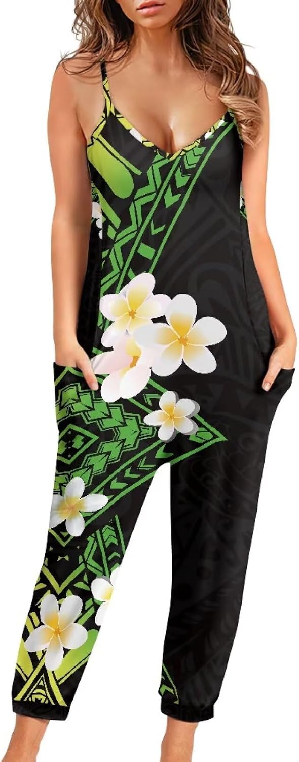 Tropical Jumpsuits for Women Hawaiian Flamingos Strap V with Pockets Jumpsuit
