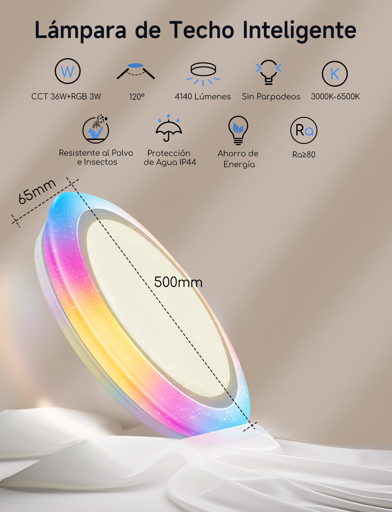 Aigostar Plafon LED Techo Alexa, 39W, 4140LM, 3000K-6500K, IP44, Plafón LED Inteligente Compatible con Alexa y Google Home, Lampara Techo Regulable para Salón/Dormitorio/Cocina/Comedor, Φ50CM, 2Uds