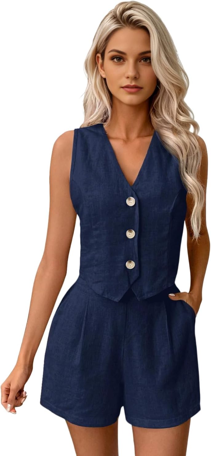 Women's 2 Pieces Outfit Ladies Summer Linen Botton Vest Top Set | Co-ord 2PCS Set V Neck Sleeveless Tank Top Elasticated Waist Pleated Shorts