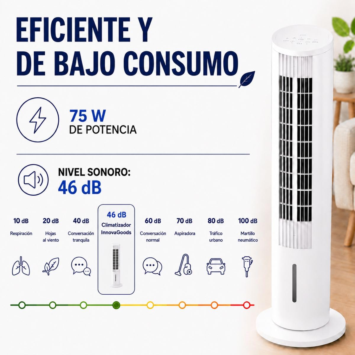 InnovaGoods - Climatizzatore evaporativo portatile Torre 4 in 1, ventilatore, umidificatore, diffusore di aromi, telecomando, 3,5 l, 3 velocità, timer, oscillazione 45°, silenzioso <46 dB