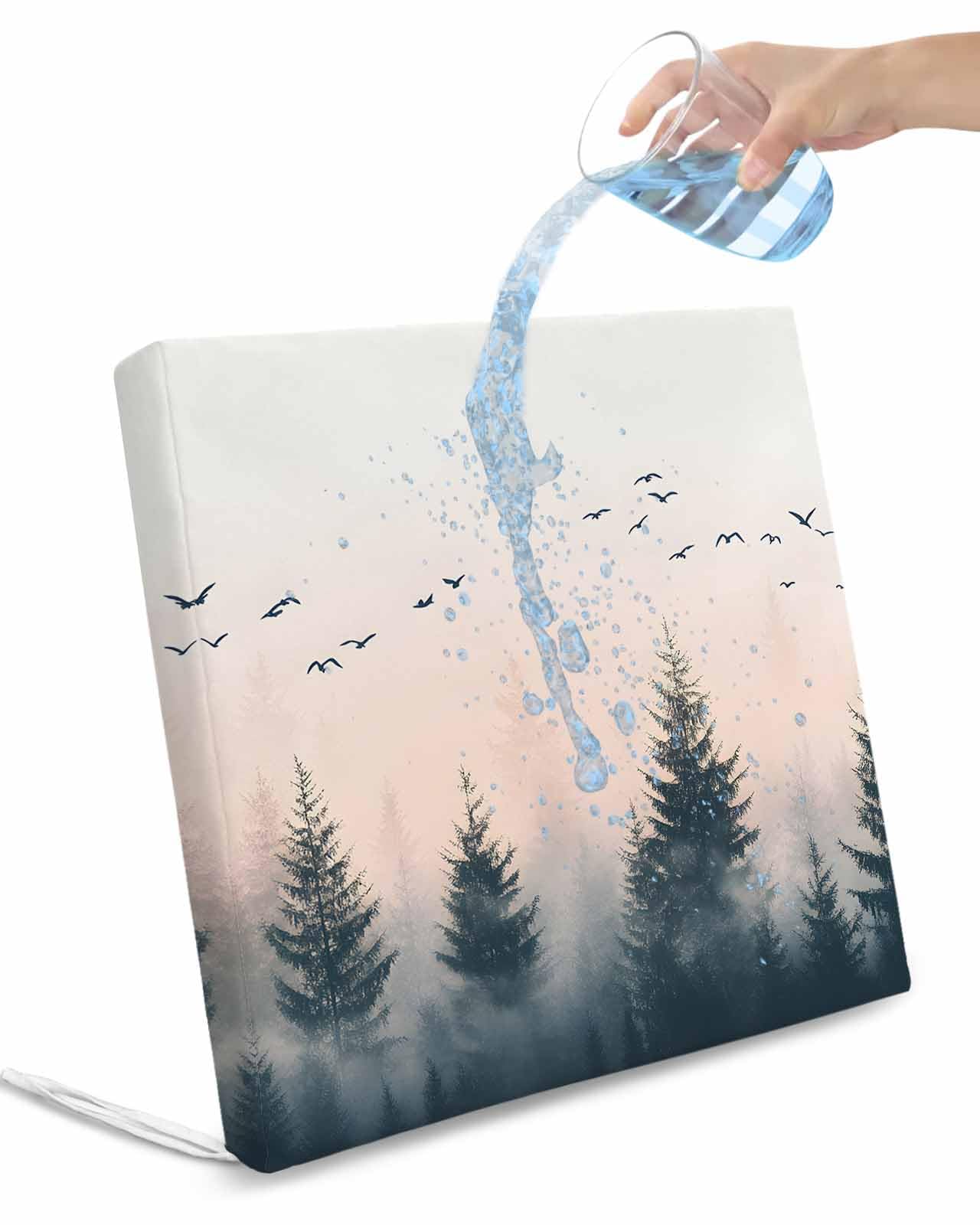 2 Pack Rustic Foggy Forest Waterproof Cushion Covers with Ties, Outdoor Patio Chaise Lounge Chair Seat Cushion Slip Covers Replacement(Only Cover) Watercolor Trees Birds Landscape 24