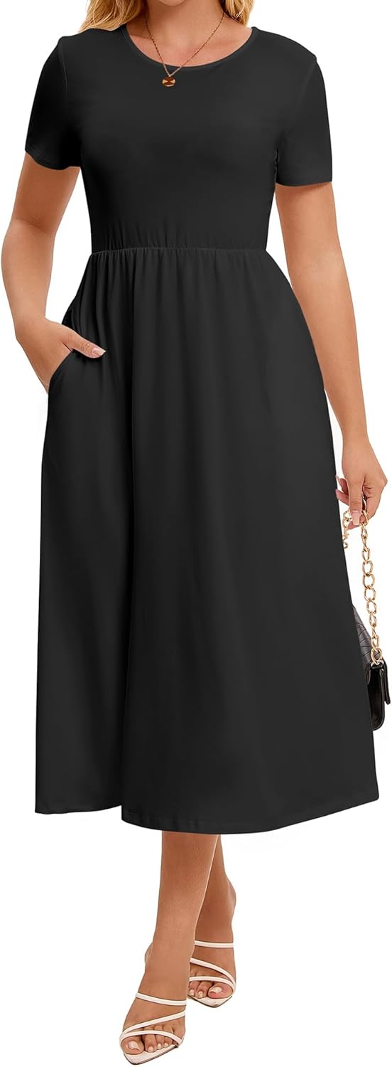 Women's V Neck Nightgown with Pockets Soft Midi Sleep Dress Breathable Cooling Moisture Wicking Loungewear Nightwear